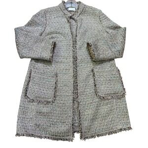 Chicos Longline Tweed Jacket Womens 1 M Gold Metallic Fringe Open Front Coat